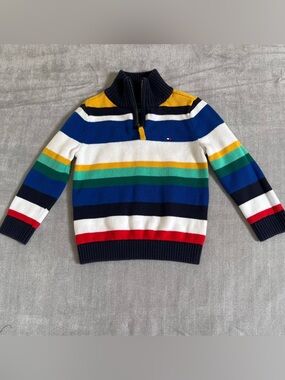 Tommy Hilfiger Navy Multi-Stripe Half-Zip Sweater with Yellow & Green Accents